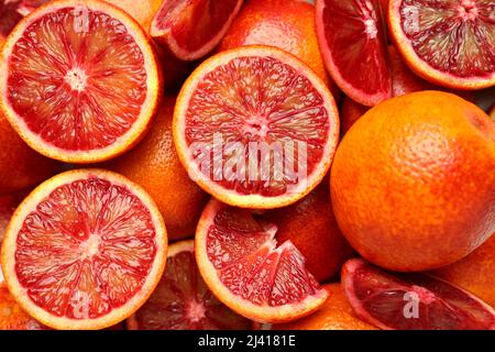 Konzept von Zitrusfrüchten mit roter Orange, Nahaufnahme Stockfoto