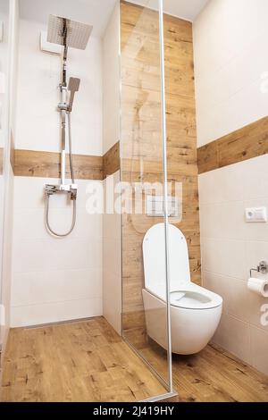Inneneinrichtung des Badezimmers, Nahaufnahme. Duschkabine und Toilette in einem modernen minimalistischen Stil Stockfoto