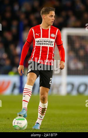 Joey Veerman vom PSV Eindhoven beim Viertelfinale der UEFA Europa Conference League im King Power Stadium, Leicester. Bilddatum: Donnerstag, 7. April 2022. Stockfoto