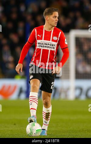 Joey Veerman vom PSV Eindhoven beim Viertelfinale der UEFA Europa Conference League im King Power Stadium, Leicester. Bilddatum: Donnerstag, 7. April 2022. Stockfoto