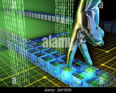 Hand geht mit den Fingern auf einem Cyber-Pfad. Digitale Illustration. Stockfoto