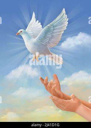 Weiße Taube, Symbol des Friedens, fliegt durch den Himmel. Digitale Originaldarstellung, gemalt mit einem Grafiktablett. Stockfoto