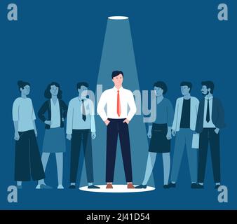 Einzigartiger Geschäftsmann. Talentperson im Rampenlicht, Rekrutierung und erfolgreiche Karriere. Unternehmen Wählen Sie einzelne Mitarbeiter, Chancen und Führungskräfte vor kurzem Stock Vektor