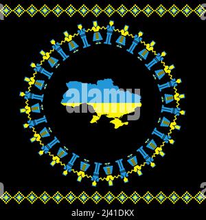 Menschen in der Ukraine tanzen Flaggen-Farben um die Ukraine-Karte, die mit Flaggen-Farben gefärbt ist Stock Vektor