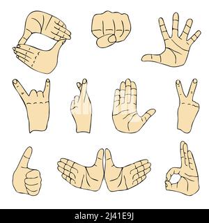 Handgesten Handgezeichnete Tinte Skizze Set. Daumen hoch, ok, super, Faust, Daumen gedrückt, Friedenszeichen, offene Handfläche beliebte Gestenvektor Illustration Stock Vektor