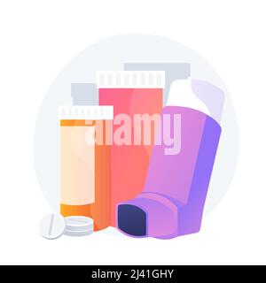 Pharmazeutische Produkte. Atemwegserkrankungen, Asthma bronchiale, Design-Element für Allergiebehandlungen. Medizinische Ergänzung, Pillen und Asthma-Inhalator. Vecto Stock Vektor