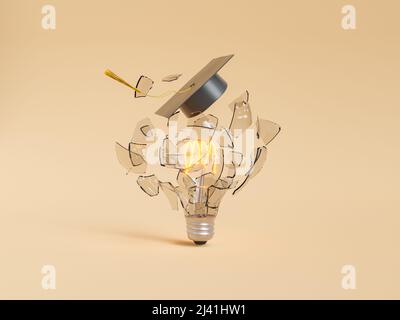 3D Illustration einer zerbrochenen Glühbirne aus glühendem Glas im Abschlusshut für Idee und Bildung auf beigefarbenem Hintergrund Stockfoto