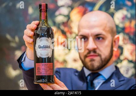 London, Großbritannien. 11. April 2022. Glenfiddich Rare Collection, 64 Jahre alt, 1937. Dies ist die Flasche Nr. 9 von 61, die als die legendärste jemals produzierte Glenfiddich gilt und £80.000-90.000 mit dem Bonhams-Spezialisten Diego Lanza - The Old, The Rare und The Only: Eine außergewöhnliche Einzelbesitzersammlung von seltenem Whisky, Cognac und Armagnac in der Bonhams New Bond Street. Der Verkauf selbst findet am 13.. April statt. Kredit: Guy Bell/Alamy Live Nachrichten Stockfoto