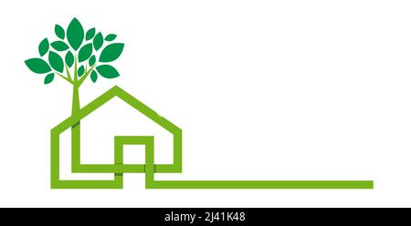 Haus in linearer Form mit einem Baum anstelle eines Schornsteins, mit einem grünen Streifen. Konzept eines ökologischen Heims. Vektormuster Stock Vektor