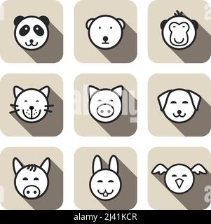 Icon-Set im flachen Design mit Tiergesicht Stock Vektor