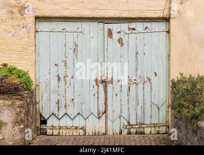 Alte, blau lackierte Garagentore aus Holz mit abblätternder Farbe. Stockfoto