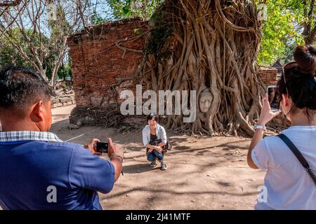 Touristen lieben es, ihre Fotos vor dem buddha-Kopf im Baum zu machen. Stockfoto