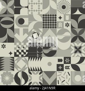Dekorative Kunst inspiriert von der Bewegung Mitte des Jahrhunderts mit abstrakten geometrischen Formen und auffälligen Formen. Digitale Grafiken für Poster, Cover, Kunst, PR Stock Vektor