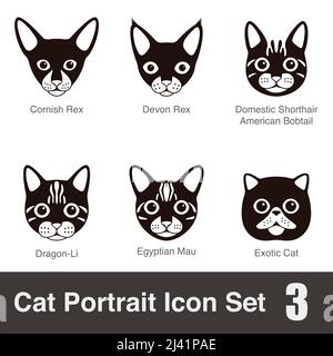 Katze Rasse Gesicht Cartoon flach schwarz Symbol-Serie, Vektor-Illustration Stock Vektor