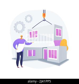 Modulare Home abstraktes Konzept Vektor Illustration. Modularer Bau, dauerhafter Fundamentbau, Fertigbauteile Transport, Stock Vektor