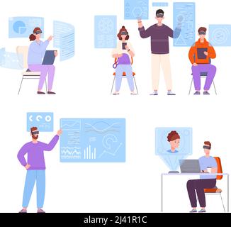 VR-Arbeitsplätze. Arbeitsplatz Zukunft virtuelle Sitzung digitale Arbeitssimulation, Cyberspace Unternehmen futuristische Job Teamarbeit Geräte Datenforschung, Vektor-Illustration. Virtual-Reality-Innovation Stock Vektor