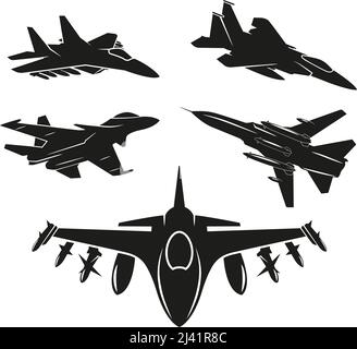 Militärflugzeuge, Kämpfer. Vektorset mit fünf Symbolen. Vektor-isolierte Illustration. Stock Vektor