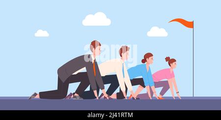 Positionierung des Unternehmens. Business-Wettbewerb bereit zu beginnen, Beginn Rennen Büro Rivalität Wettbewerber Herausforderung Executive Worker Sprint Strecke, Vektor-Illustration. Wettbewerbsposition Stock Vektor