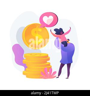 Glückliches Paar mit Geld. Großes Einkommen, Bargewinn, Familieneinkommen. Menschen mit goldenen Münzen. Finanzieller Erfolg. Gemeinsame Einsparungen, Gesamtbudget, Währung. Stock Vektor