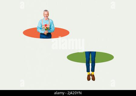 Lustige ältere Freund wegrutschen Springen in kolofrulischen Kreis Beine erscheinen aus zweiten abstrakten Geometrie Figur bizarre Phantasie freak Stockfoto