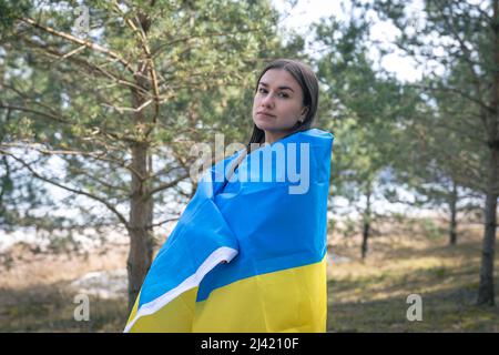 Eine junge Frau, eingewickelt in die Flagge der Ukraine auf einem unscharfen Hintergrund. Stockfoto