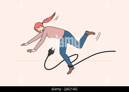 Ungeschickte Frau stolpert, als das Netzkabel auf den Boden fällt. Grazlose weibliche fallen nach unten mit Verletzungen oder Trauma wegen des Unfalls. Vorsicht oder Warnung. Risiko- und Challenge-Konzept. Vektorgrafik. Stock Vektor