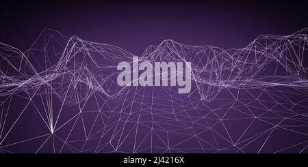 Low-Poly Drahtmodell virtuelle Landschaft auf dunkelviolettem Hintergrund Stockfoto