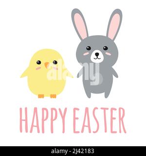 Vektor flache Cartoon Hase und Küken mit glücklichen Ostertext isoliert auf weißem Hintergrund Stock Vektor