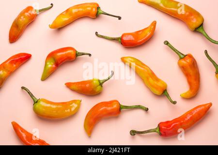 Lebhaft orange und gelbe Haut Chilischoten Muster, fruchtig gewürzt, mittlere Hitze große Chilischoten, pflanzlichen Hintergrund, von oben genommen Stockfoto