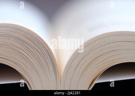 Makro des geöffneten Buches auf schwarzem Hintergrund. Schöne Stillleben Fotografie der Entspannung Stimmung. Detailliertes Foto. Stockfoto