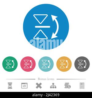 Vertikale Umrandung flacher weißer Symbole auf runden farbigen Hintergründen. 6 Bonus-Symbole enthalten. Stock Vektor