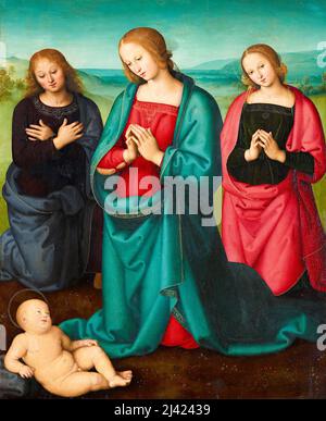 Pietro Perugino, Jungfrau und Heilige, die das Christkind anbeten, Gemälde 1450-1523 Stockfoto