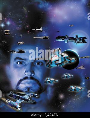 Weltraumabenteuer, futuristischer Mann und Raumschiffe Flotte, 3D Illustration Stockfoto