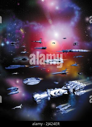 Weltraumabenteuer, Raumschiffe Flotte im Nebel, abbildung 3D Stockfoto