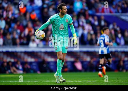 Diego Lopez von RCD Espanyol während des La Liga-Spiels zwischen RCD Espanyol und Celta de Vigo spielte am 10. April 2022 im RCDE-Stadion in Barcelona, Spanien. (Foto von PRESSINPHOTO) Stockfoto