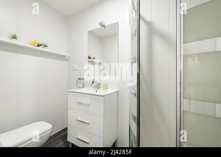 Badezimmer mit weißen Holzschränken, weißem Porzellanwaschbecken, rahmenlosem Spiegel, Regalen und begehbarer Dusche Stockfoto