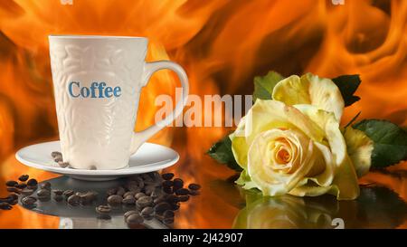 Eine Rose, eine Tasse Kaffee und geröstete Kaffeebohnen auf dem Hintergrund eines offenen Feuers. Selektiver Fokus Stockfoto