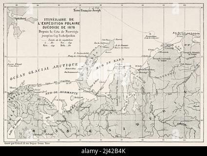 Karte der Reiseroute der schwedischen Polarexpedition von 1878, von der norwegischen Küste bis zum Kap Chelyuskin. Die Reise von La Vega durch Asien und Europa von Adolf Erik Nordenskiold 1879-1880, Le Tour du Monde 1882 Stockfoto