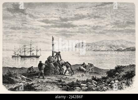 Bau eines Wegweihschildes auf Kap Tscheljuskin. Arktis, Russland. Die Reise von La Vega durch Asien und Europa von Adolf Erik Nordenskiold 1879-1880, Le Tour du Monde 1882 Stockfoto