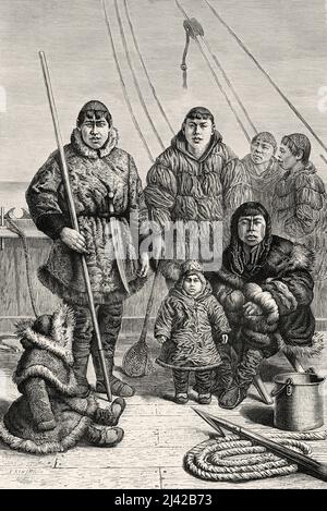 Tschukchi Menschen auf einem Fischerboot, Bering Strait. Arktis, Russland. Die Reise von La Vega durch Asien und Europa von Adolf Erik Nordenskiold 1879-1880, Le Tour du Monde 1882 Stockfoto