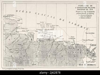 Karte der Route der schwedischen Polarexpedition von 1878, von Kap Chelyuskin bis zur Behring-See. Arktis, Russland. Die Reise von La Vega durch Asien und Europa von Adolf Erik Nordenskiold 1879-1880, Le Tour du Monde 1882 Stockfoto