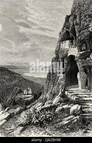 Arbel Höhlen in Galilee, Israel, Naher Osten, Orient. Syrien von Charles Louis Lortet (1836-1909) Le Tour du Monde 1882 Stockfoto