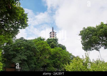 Die Cishou-Pagode erhebt sich an einem bewölkten Tag in der Provinz Jiangsu über den Bäumen im malerischen Gebiet des Jinshan-buddhistischen Tempels in Zhenjiang China. Stockfoto