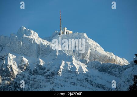 Mount Säntis im Schnee, von der Schwägalp CT. Aus gesehen Appenzell AR, Schweiz Stockfoto