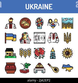 Symbole für Farblinien in der Ukraine eingestellt. Zeichen für Webseite, mobile App, Schaltfläche. Bearbeitbare Kontur. Stock Vektor