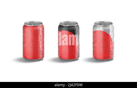 Blank gefärbtes Aluminium 330 ml Sodadose mit Tropfen Mockup Stockfoto