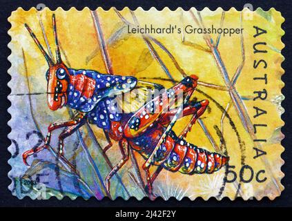 AUSTRALIEN - UM 2003: Eine in Australien gedruckte Briefmarke zeigt Leichhardts Grasshopper, Petasida Ephippera, Insect, um 2003 Stockfoto