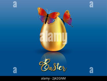 Realistisches goldenes Ei mit luxuriösen bunten Schmetterlingen, Ostern Konzept Vektor-Illustration isoliert auf blauem Farbverlauf Hintergrund Stock Vektor