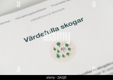 SCA, Svenska Cellulosa ab (Englisch: Swedish Cellulose Company), Jahresbericht. Text und Symbol über wertvolle Wälder. Stockfoto