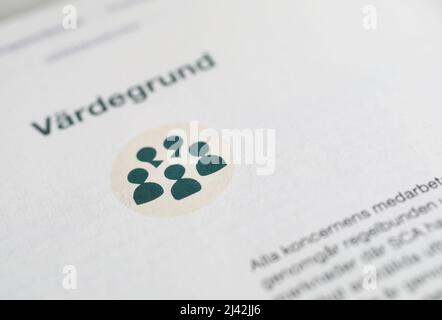 SCA, Svenska Cellulosa ab (Englisch: Swedish Cellulose Company), Jahresbericht. Text und Symbol über Werte. Stockfoto